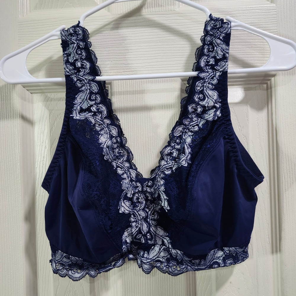 Breezies Navy Blue Silver Floral Lace Wire Free Bralette UltimAir Lined Large
